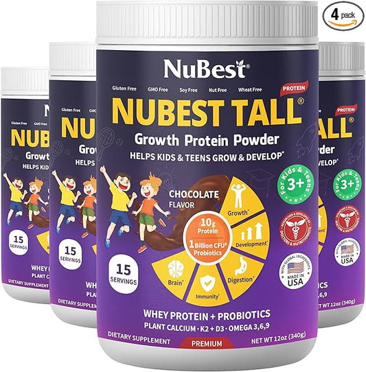 NuBest Tall Protein Powder for Kids & Teens - Chocolate Protein Powder Shake - Protein Drink with Probiotics, Omega 3-6-9, Vitamin D3 + K2, Calcium, Vitamins - Bone Strength and Immunity - Pack 4
