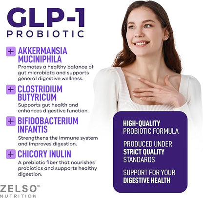 ZELSO (2 Pack) GLP-1 Probiotic with Akkermansia Muciniphila - Gut Health Support with GLP 1 Live Probiotics, 500M CFU Multi-Strain Probiotic + Prebiotic, GLP1 Naturally Plus - 60 Capsules