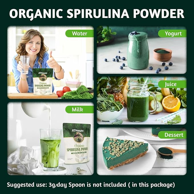 Organic Spirulina Powder, 32oz USDA Certified, 100% Pure & Natural, Non-GMO, Gluten-Free, Detox & Energy Boost, Rich in Protein, Iron, Antioxidants, Superfood for Smoothies, Ideal for Vegan
