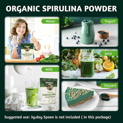 Organic Spirulina Powder, 32oz USDA Certified, 100% Pure & Natural, Non-GMO, Gluten-Free, Detox & Energy Boost, Rich in Protein, Iron, Antioxidants, Superfood for Smoothies, Ideal for Vegan