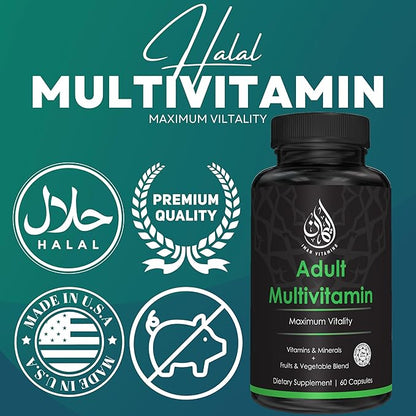 Halal Complete Multivitamin Capsules for Adults Men & Women | 42 Fruit & Vegetable Blend with Iron, Zinc, CoQ10, Folic Acid, and Vitamin A, B1, B3, B6, B12, C, D3, E | 60 Count