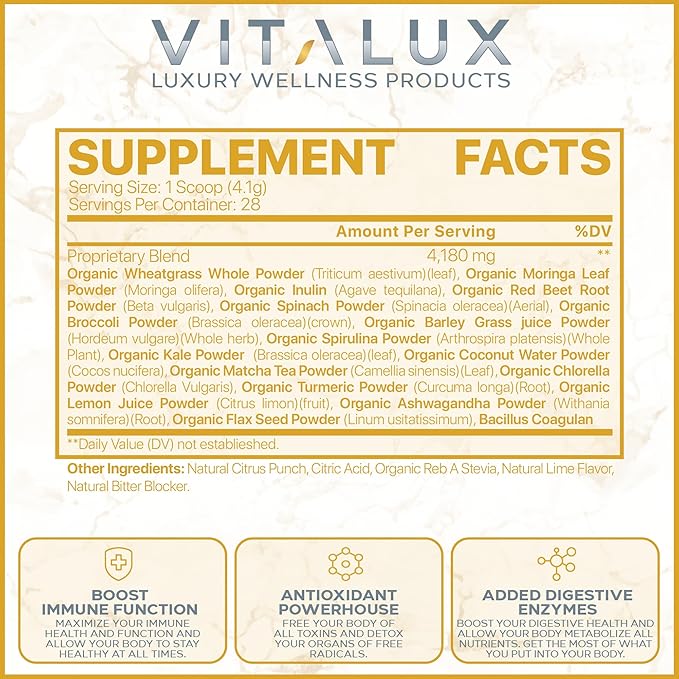 VITALUX || #1 Rated Premium Greens & Reds Superfood Powder || Immune Function, Added Antioxidants, Loaded w/ Digestive Enzymes | 17 Powerful Ingredients | 3rd Party Tested, Vegan + USA Made - 28 Days