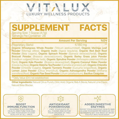 VITALUX || #1 Rated Premium Greens & Reds Superfood Powder || Immune Function, Added Antioxidants, Loaded w/ Digestive Enzymes | 17 Powerful Ingredients | 3rd Party Tested, Vegan + USA Made - 28 Days