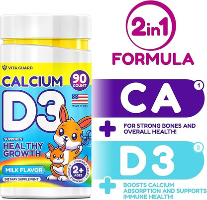 Calcium D3 Chewable Tablets for Kids – 640 mg Calcium & 320 IU Vitamin D3 – Non-GMO, Milk Flavor – Bone & Teeth Support Supplement – 90 Tablets for Ages 2+