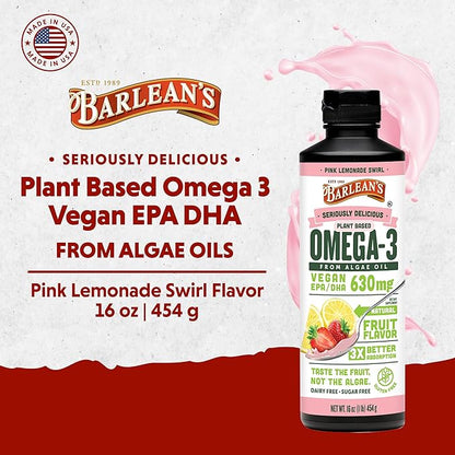 Barlean's Pink Lemonade Vegan Omega 3 Supplement, Liquid Algae Oil with 630 mg EPA & DHA, Plant Based Omegas from Algal Oil, Non-GMO & Gluten Free, 16 oz