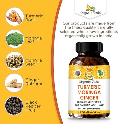 Organic Veda Turmeric Moringa Ginger Capsules - Super Antioxidants & Curcumin Supplement with 20:1 Moringa Leaf & Seed Extract, Black Pepper - Energy, Joints, Heart Health Support - 60 Vegan Pills