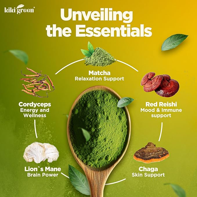 KIKI Green Mushroom Matcha Powder Super Blend 4 oz - Mushroom Coffee Alternative for Better Energy, Focus, Immunity - with Lion's Mane, Chaga, Reishi, Cordyceps