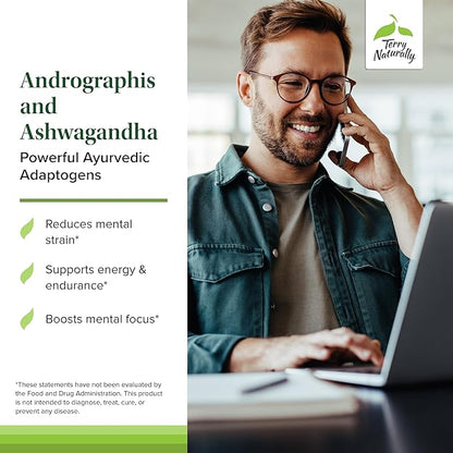 Terry Naturally Andrographis and Ashwagandha - Immune System Support Supplement - Support Energy & Healthy Stress Response - Energy Support Supplement - 60 Capsules (60 Servings)