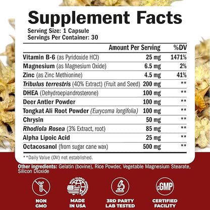 Tribulus Terrestris for Men with DHEA, Tongkat Ali, and Zinc – Testosterone Supplement for Men with Vitamin B6, Rhodiola Rosea – Libido Support, Muscle Builder, Male Enhancing Supplement - 30 Capsules