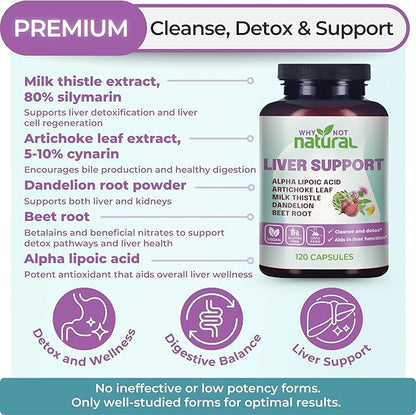 Why Not Natural 5-in-1 Liver Health Formula Supplement for Detox and Cleanse with Milk Thistle Support - 120 Capsules