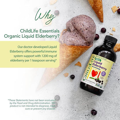 CHILDLIFE Essentials Organic Elderberry Syrup for Kids - Liquid Elderberry for Toddlers, Elderberry Extract Drops, Tincture for Babies, Toddlers, Children - 4 Fl Oz