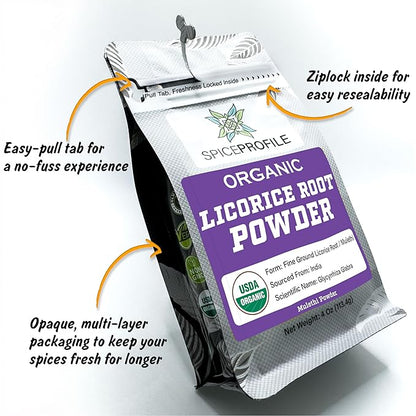 Spice Profile USDA Organic Licorice Root Powder, Lab Tested for Heavy Metals, Resealable 4oz Pouch, Mulethi, Regaliz en Polvo