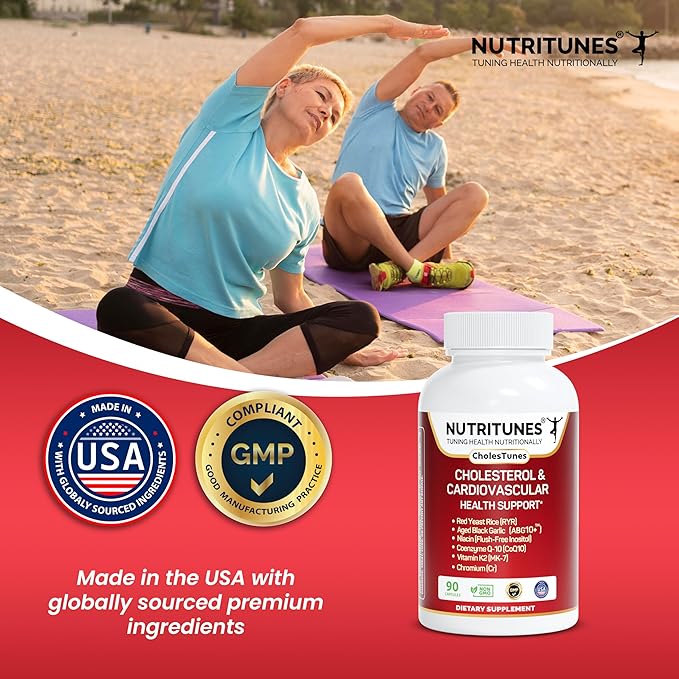 Cholestunes –Cholesterol & Heart Health Support Advanced Supplement Red Yeast Rice (RYR), Aged Black Garlic CoQ10, Niacin (Flush-Free), Chromium & Vitamin K2– 90 Capsules