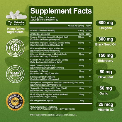 Oil of Oregano with Black Seed Oil Capsules High Absorption with Garlic,Olive Leaf,Quercetin,Black Pepper and More Supplement for Women and Men Immune Support Digestive Health 120 Counts