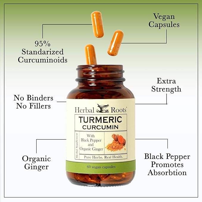 Herbal Roots - Turmeric Curcumin Capsules - Extra Strength - 1000mg Pure Organic Turmeric Supplement, 95% Standardized Curcumin Extract with BioPerine Pepper and Ginger