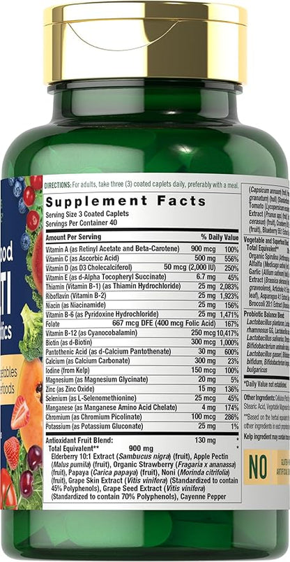 Nature's Fortune Whole Food Multivitamin with Probiotics | 120 Coated Caplets | Made with 20 Fruits and Vegetables | Non-GMO & Gluten Free Supplement