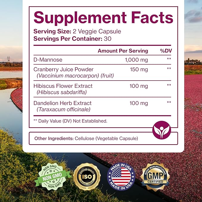 Pure D Mannose Capsules 1000mg Per Serve - Fast Acting UTI Support - Urinary Tract Cleanse & Bladder Health - Cranberry, D-Mannose, Dandelion, Hibiscus Flower - 60 Veggie Caps
