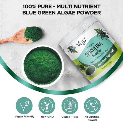 Organic Spirulina Powder - Blue Green Algae Plant-Based Superfood Blend - Antioxidant-Rich with Chlorophyll, Vitamins & Minerals for Cleansing, Energy & Immunity Support - Vegan, Non-GMO - 8 oz