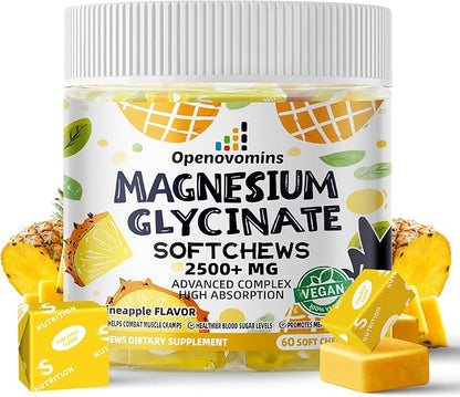 Magnesium Glycinate Soft Chews, Pineapple Flavor.Chewable Sugar Free Potassium Magnesium Chews with Magnesium Glycinate, Vitamin D, B6, and CoQ10 for Calm Support & Sleep for Adults, 60 Days Supply