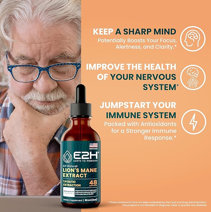 E2H Lion’s Mane Extract - Promotes Mental Clarity, Memory & Focus - Lion’s Mane Mushroom Supplement for Inmune Support - Non-GMO, Vegan - (3 Bottles)