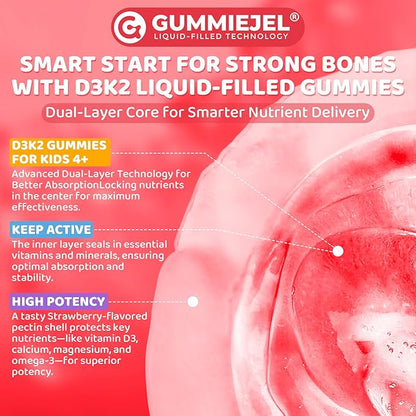 Vitamin D3 K2 Filled Gummies for Kids & Adults, 1000IU/2000IU D3 + K2(MK-7) with Calcium, Magnesium & Algal Omega 3(EPA/DHA) for Bones, Teeth, Muscles, Brain, Low-dose Vitamins, Sugar-Free, 60 Chews
