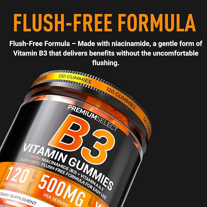 Vitamin B3 Gummies Niacinamide 500mg - 120 Gummies Supplement For Adults + Vitamins A & E – Flush Free Niacin 500mg for Skin, Energy & Metabolism – Vegan, Non-GMO, Sugar Free – 2-Month Supply