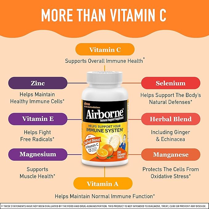 Airborne 1000mg Chewable Tablets with Zinc, Immune Support Supplement with Powerful Antioxidants Vitamins A C & E - 200 Tablets, Citrus Flavor