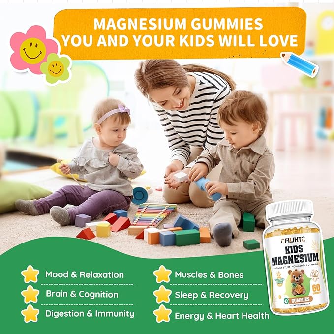 Kids Magnesium Glycinate Gummies with Magnesium Citrate, L-Threonate Supplement for Kids & Adults, with Zinc, Vitamin D3, B12, L-Theanine for Sleep Calm Bone & Muscle Mood, Pineapple 60ct