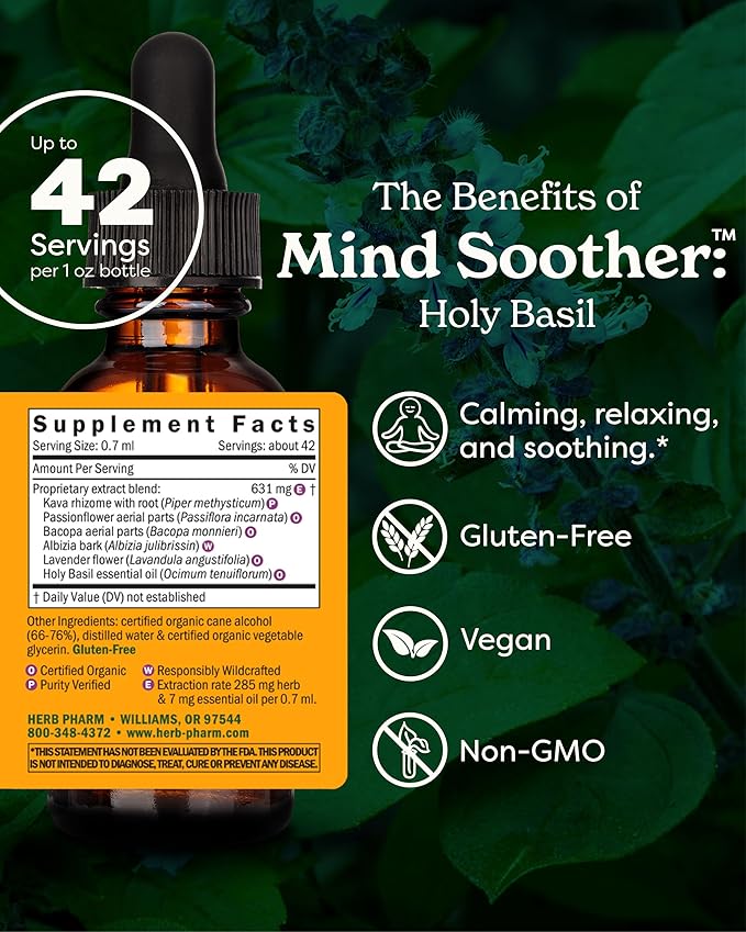 Herb Pharm Organic Mind Soother Kava Supplement with Holy Basil: Support Calm & Relaxation, Stabilizing Support for Nervous System, Soothing Kava Extract & Lavender Flower, Vegan, Gluten-Free, 4 Oz