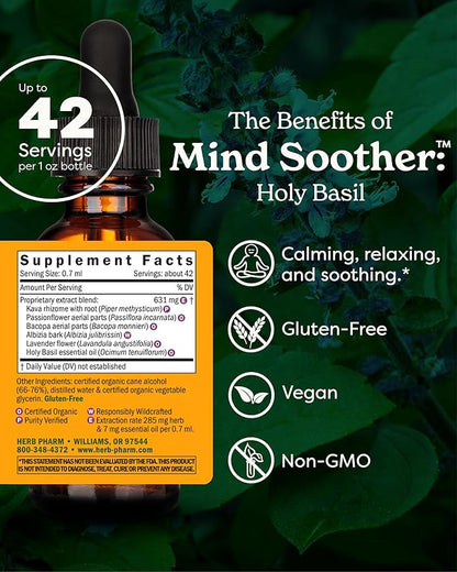 Herb Pharm Organic Mind Soother Kava Supplement with Holy Basil: Support Calm & Relaxation, Stabilizing Support for Nervous System, Soothing Kava Extract & Lavender Flower, Vegan, Gluten-Free, 4 Oz