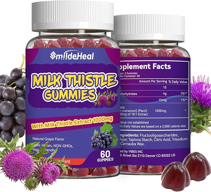 Milk Thistle Gummies, Milk Thistle Extract 1000mg, Liver Detox, Antioxidant Support, Non-GMOs, Non-Gluten, Vegan, Milk Thistle Supplement, 60 Count(Pack of 2)