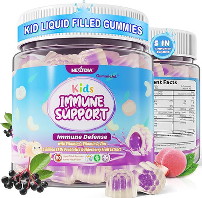 Kids Immune Support Gummies, Probiotics Vitamin C Zinc & Elderberry Gummies for Kids 4+, 6-in-1 Daily Kid Vitamin C Gummies Chewable with Immune & Digestive Support, Sugar Free, Peach Flavor, 60 Count