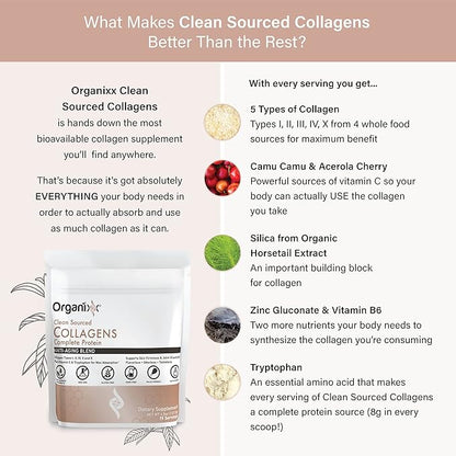 Organixx Collagen Peptides Powder with Vitamin C, Types I, II, III, V, X Hydrolyzed Collagen, Hair, Nail, Skin, Bone & Joint Health, Aging Support, Clean Sourced, Gluten Free, Unflavored, 15 Servings