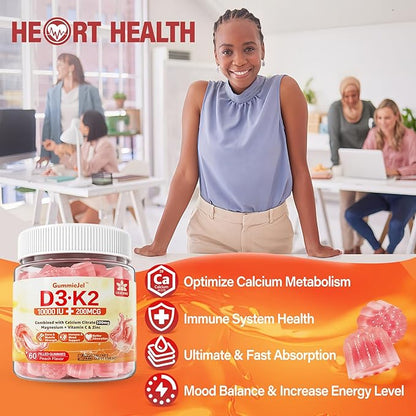 Vitamin D3 K2 Gummies 5000IU / 10,000 IU with 500mg Calcium + K2(MK-7) 200mcg, Magnesium, Vitamin C & Zinc, Extra Strength - Ultimate Absorbency for Bones, Muscles, Teeth, Vegan, 60 Count (Pack of 1)