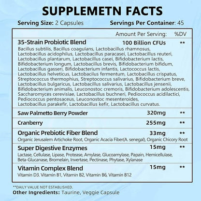 ZEBORA Probiotics-for-Men 100 Billion CFU, Men's Probiotics for Gut Health, Prebiotics + Enzymes + Saw Palmetto + Cranberry, Daily Probiotic Supplement for Digestive Health, Prostate, 89 Caps