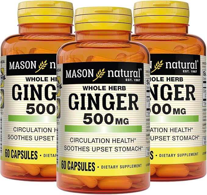 MASON NATURAL Whole Herb Ginger 500 mg, 6 Month Supply, Natural Herbal Supplement, 60 Capsules (3 Pack)