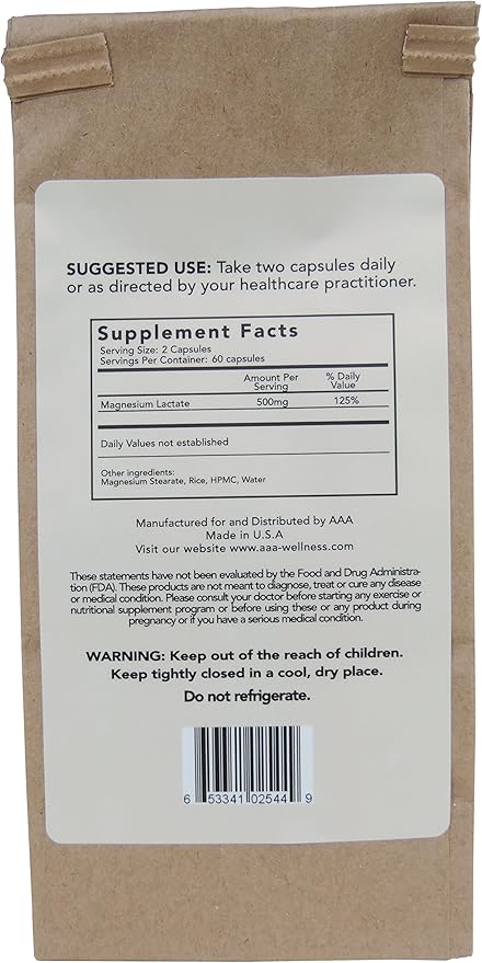 Magnesium Lactate 500 mg, 120 Easy to Swallow Small Vegetarian Capsules. Doctor formulated. High Absorption. Recycled Eco-Friendly Paper Bags for Original Purchases or Bottle Refills. Made in USA.