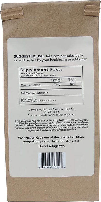 Magnesium Lactate 500 mg, 120 Easy to Swallow Small Vegetarian Capsules. Doctor formulated. High Absorption. Recycled Eco-Friendly Paper Bags for Original Purchases or Bottle Refills. Made in USA.