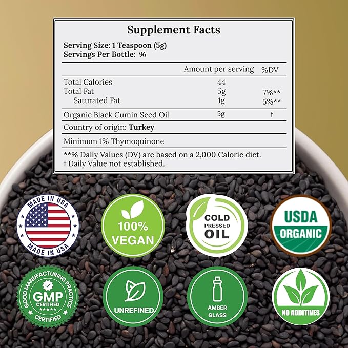 Black Seed Oil Organic Cold Pressed Unrefined Glass Bottle | USDA Certified Organic Black Cumin Seed Oil | High Thymoquinone Omega 3 6 9 | for Immune Support, Joints, Digestion, Hair, Skin | 16 Fl oz