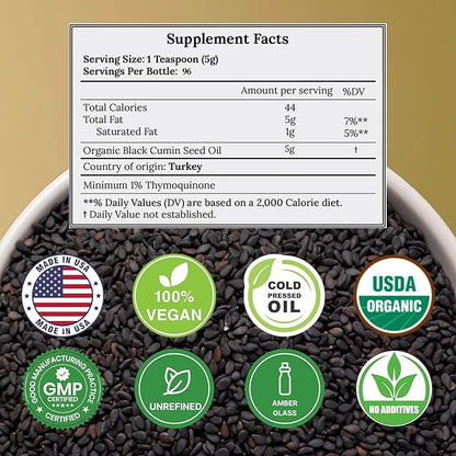 Black Seed Oil Organic Cold Pressed Unrefined Glass Bottle | USDA Certified Organic Black Cumin Seed Oil | High Thymoquinone Omega 3 6 9 | for Immune Support, Joints, Digestion, Hair, Skin | 16 Fl oz