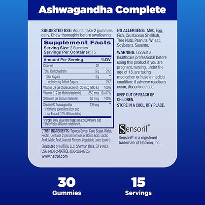 Natrol Ashwagandha Complete Gummy, 3-in-1 Daily Stress Support, Supports Better Mood, Reduces Occasional Stress and Fatigue, 30 Gummies, Up to a 15 Day Supply