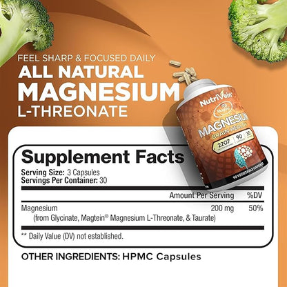 Nutrivein Premium Magnesium L-Threonate Supplement (Magtein) 2207 mg - 90 Caps (3 a Day): High-Absorption Magnesium Threonate for Brain, Sleep, Mood & Recovery