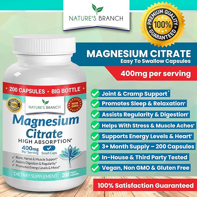 Magnesium Citrate 400mg - 200 Capsules - High Potency for Sleep, Leg Cramps, Extra Strength Absorption, Easy to Swallow Pills for Women & Men, Vegan Supplement Not Tablets - Made in USA