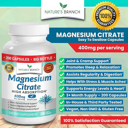 Magnesium Citrate 400mg - 200 Capsules - High Potency for Sleep, Leg Cramps, Extra Strength Absorption, Easy to Swallow Pills for Women & Men, Vegan Supplement Not Tablets - Made in USA