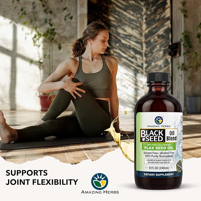 Amazing Herbs Cold-Pressed Black Seed and Flax Seed Oil Blend - Gluten-Free, Non-GMO, High in Omega 3, 6, & 9, Supports Joint, Brain, and Heart Function - 8 Fl Oz