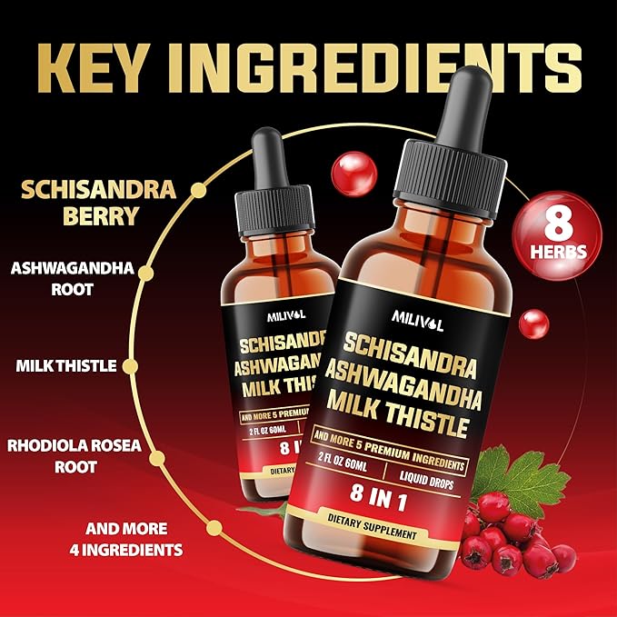8in1 Liquid Schisandra Supplement - Schisandra Extract Drops with Milk Thistle, Ashwagandha and 6 More - Mood Support, Organ Health - 2 Fl Oz for 60 Days
