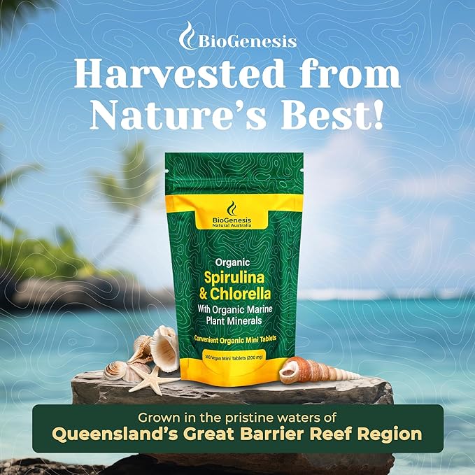 Organic Spirulina & Chlorella + Marine Plant Minerals, Australian | BioDynamic Cracked Cell Wall, Chlorophyll-Rich, Vitamins, Minerals |Vegan Tablets (200 mg) (300)