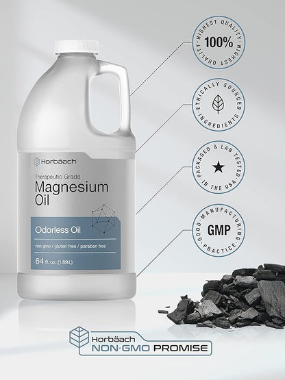 Horbäach Magnesium Oil | 64 fl. oz | Therapeutic Grade | Vegetarian, Non-GMO, Gluten Free, and Paraben Free Odorless Formula