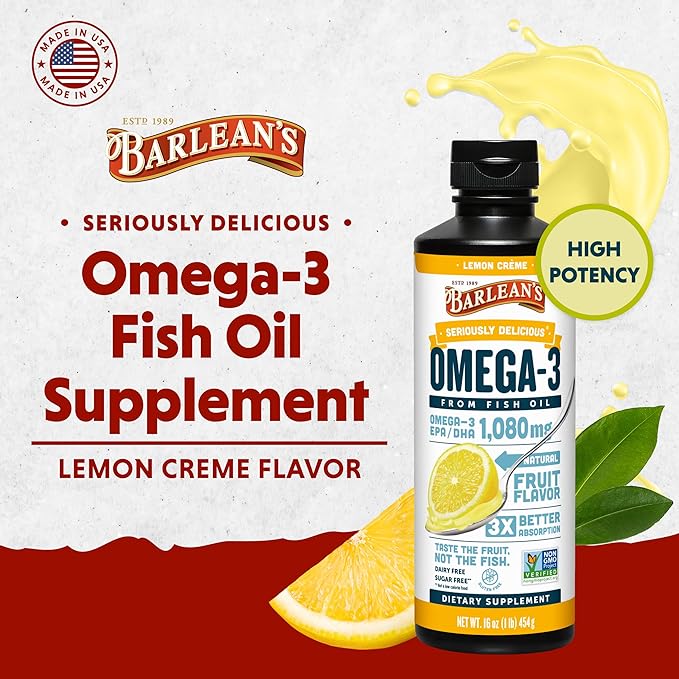 Barlean's Omega 3 Fish Oil Liquid Supplement, Lemon Crème, 1080mg of Omega 3 EPA and DHA Fatty Acid, 16 oz