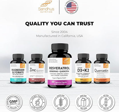 Resveratrol with Berberine for Gut Health | Digestive Supplement for Women and Men | Quercetin, Green Tea, Star Anise, DGL & Grape Seed Extract | 120 Vegetarian Capsules for Adults